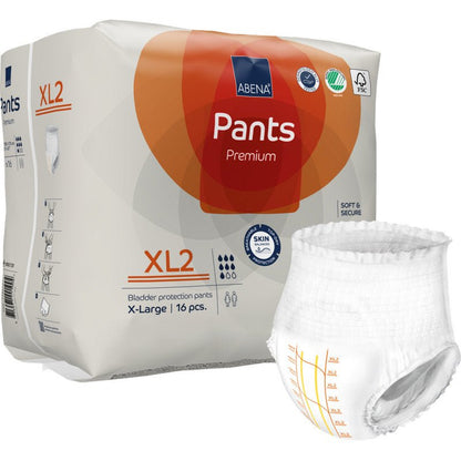 Pakkaus ABENA Pants Premium XL:ää Abena Re-Seller GmbH:lta, koko XL2, sisältää 16 kappaletta. Valkoinen pakkaus oransseilla korostuksilla on varustettu sertifiointilogoilla, ja ulkopuolella on kiinnitetty inkontinenssialushousu.