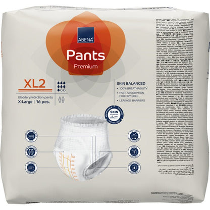 Pakkaus ABENA Pants Premium XL:ää Abena Re-Seller GmbH:lta, koko extra large, sisältää 16 kappaletta. Pakkauksessa korostetaan ihon tasapainoa ja imukykyä sekä kuvataan inkontinenssialushousuja.