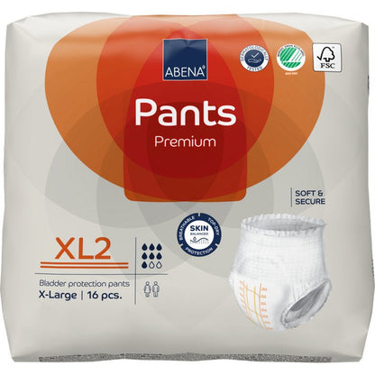 Pakkaus ABENA Pants Premium XL:ää Abena Re-Seller GmbH:lta, koko XL2, sisältää 16 kappaletta valkoisessa pakkauksessa, jossa on oransseja korostuksia, sertifiointilogoja ja tuotekuva.
