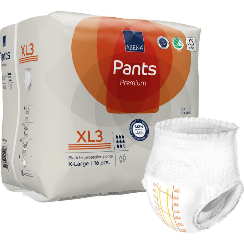 Kuvassa on pakkaus ABENA Pants Premium XL:ää Abena Re-Seller GmbH:lta, koko X-Large (16 kappaletta), tuotteen nimen ja inkontinenssialushousun kanssa, jossa on mittamerkinnät pakkauksen vieressä.