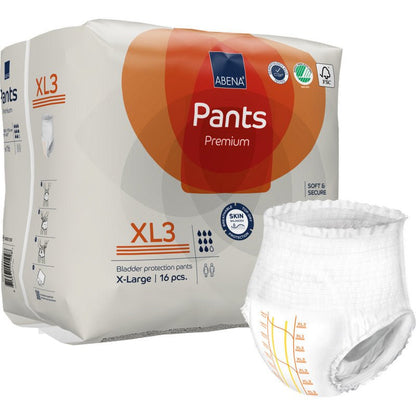 Kuvassa on pakkaus ABENA Pants Premium XL:ää Abena Re-Seller GmbH:lta, koko X-Large (16 kappaletta), tuotteen nimen ja inkontinenssialushousun kanssa, jossa on mittamerkinnät pakkauksen vieressä.