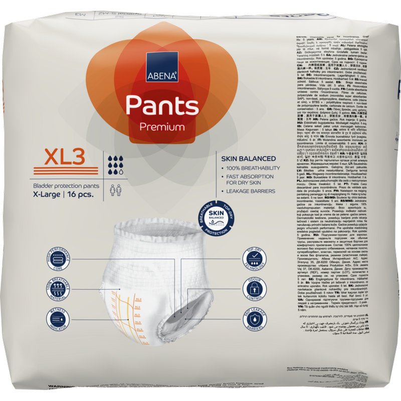 Pakkaus ABENA Pants Premium XL:ää Abena Re-Seller GmbH:lta (X-Large, 16 hengittävää inkontinenssihousua) on varustettu tuotetiedoilla, kuvalla ja hengittävyyden ja nopean imeytymisen symboleilla pakkauksessa.