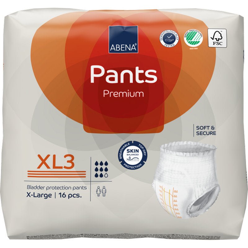 Pakkaus ABENA Pants Premium XL:ää Abena Re-Seller GmbH:lta, koko XL3 extra-large, sisältää 16 kappaletta. Pakkauksessa on sertifiointilogoja ja yksittäisen suojavaatekappaleen kuva.
