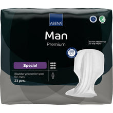 Eine Packung ABENA Man Special, Premium von Abena Re-Seller GmbH (23 Tampons) bietet extra Frontabsorption und Auslaufschutz. Die überwiegend schwarze Verpackung ist mit weißen und lila Akzenten versehen.