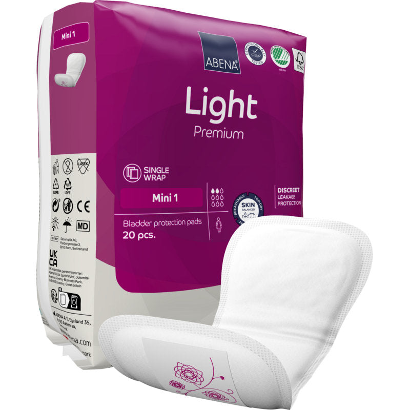 Abgebildet ist eine Packung ABENA Light Mini 1, Premium von Abena Re-Seller GmbH (20 Tampons). Ein Tampon ist teilweise entfernt, um seine Form und seine saugfähige Oberfläche zu zeigen. Die Verpackung hat ein lila-weißes Design.