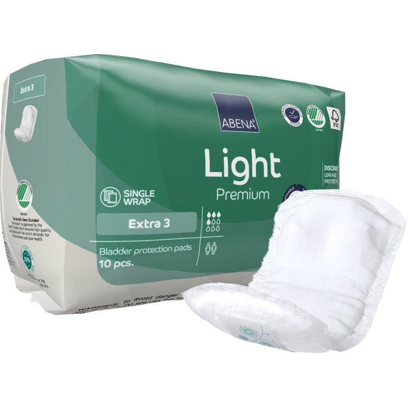 Yksi pakkaus ABENA Light Extra 3, Premium Abena Re-Seller GmbH:ltä sisältää 10 vihreä-valkoista virtsankarkailusuojaa. Etupuolella oleva tyyny esittelee turvallisen, huomaamattoman muotoilun päivittäiseen mukavuuteen.