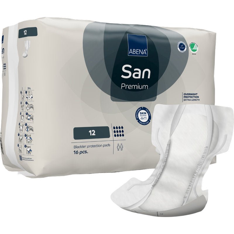 ABENA San Premium -pakkaus Abena Re-Seller GmbH:lta on kuvattu yksittäisen avatun tamponin vieressä. Pakkauksessa on ilmoitettu määrä, korkea imukyky, imuteho ja erilaiset tuotemerkit.
