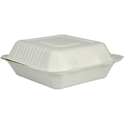 Suljettu, valkoinen Bagasse-ruokalaatikko (22,3x20,1x7,7 cm) Abena Re-Seller GmbH -merkiltä seisoo yksinkertaisella valkoisella taustalla. Pakkausyksikkö: 50 kappaletta.