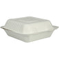 Suljettu, valkoinen Bagasse-ruokalaatikko (22,3x20,1x7,7 cm) Abena Re-Seller GmbH -merkiltä seisoo yksinkertaisella valkoisella taustalla. Pakkausyksikkö: 50 kappaletta.
