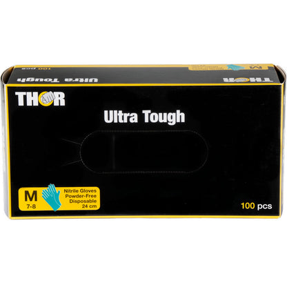 Eine grüne Box mit der Aufschrift "Thor Ultra Tough" von Abena Re-Seller GmbH enthält 100 mittelgroße, puderfreie Einweg-Nitrilhandschuhe (24 cm) - das langlebige Produkt ideal für Outdoor-Aktivitäten.