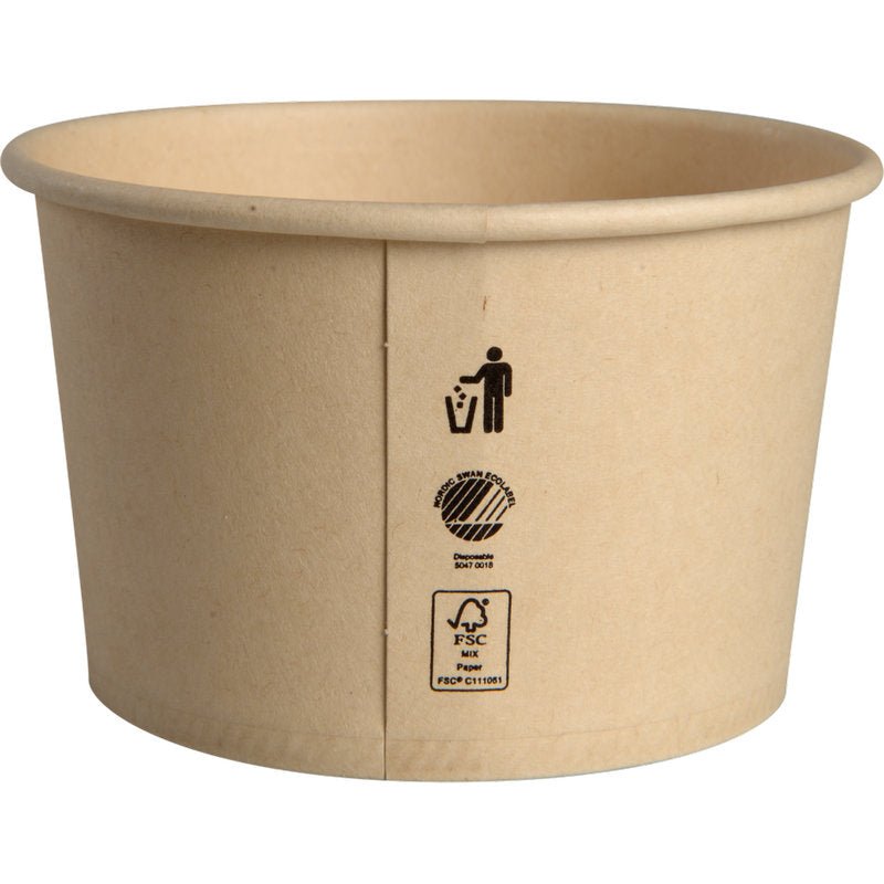 Abena Re-Seller GmbH:n 120 ml jäätelökuppi, kartonki/PE, on yksinkertainen ruskea kertakäyttökuppi PE-pinnoitteella ja painetuilla kierrätys- ja FSC-symboleilla, kuvattu valkoisella taustalla.