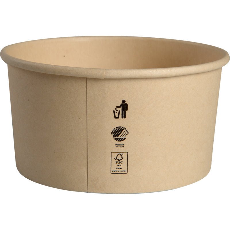 Abena Re-Seller GmbH:n 120 ml jäätelökuppi, kartonki/PE, on pyöreä, yksivärinen ruskea kartonkikuppi, jossa on kolme mustaa sivusymbolia - roskasymboli, ympyrämerkki ja FSC-logo. Merkittömätön astia on tyhjä.