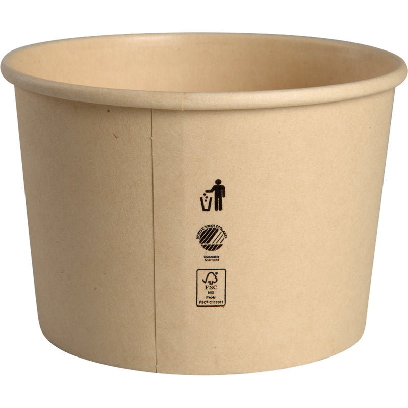 Abena Re-Seller GmbH:n 120 ml jäätelökuppi, kartonki/PE, on yksinkertainen ruskea kuppi, jossa on PE-pinnoite ja etupuolella kolme mustaa kierrätys- ja kompostointisymbolia. Tyhjä astia on kuvattu valkoisella taustalla.