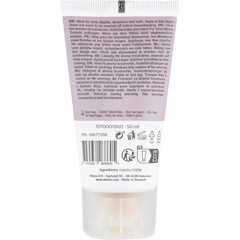 50 ml:n Abena Re-Seller GmbH Repair Creme -tuubin takaosa, 100% lanoliini, hajustamaton; monikielisellä tekstillä, käyttö- ja kierrätystiedoilla, laatumerkeillä, viivakoodilla, eräkoodilla, ainesosilla. Valmistettu Tanskassa. Saatavana laatikossa (6 pakkausta).