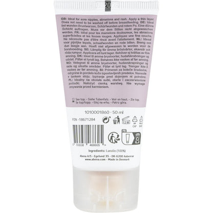 50 ml:n Abena Re-Seller GmbH Repair Creme -tuubin takaosa, 100% lanoliini, hajustamaton; monikielisellä tekstillä, käyttö- ja kierrätystiedoilla, laatumerkeillä, viivakoodilla, eräkoodilla, ainesosilla. Valmistettu Tanskassa. Saatavana laatikossa (6 pakkausta).