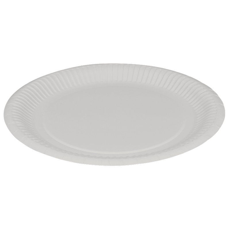 Abenan Re-Seller GmbH:n valkoinen, litteä 23 cm:n kertakäyttölautanen (50 kappaleen pakkaus), on esitetty valkoisella taustalla - ympäristöystävällinen ja ihanteellinen joka tilanteeseen.