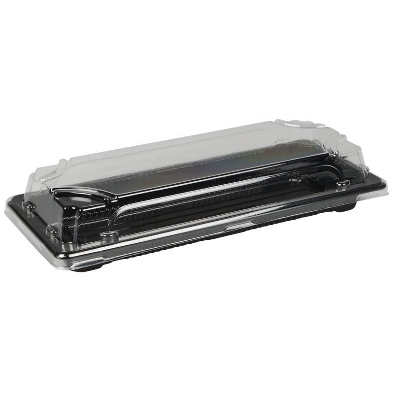 Abena Re-Seller GmbH:n Sushi-to-go Kombi-Pack on musta kertakäyttöinen sushi-tarjotin, jossa on läpinäkyvä, päälle asetettava kansi, joka on kuvattu suljettuna ja tyhjänä - ihanteellinen tuoreelle sushille tai mukaan otettavaksi - ja kuvattu valkoisella taustalla.