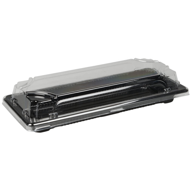 Das Sushi-to-go Kombi-Pack der Abena Re-Seller GmbH ist ein schwarzes Einweg-Sushi-Tablett aus Kunststoff mit einem durchsichtigen, aufgesetzten Deckel, der geschlossen und leer abgebildet ist - ideal für frisches Sushi oder zum Mitnehmen - und auf weißem Hintergrund abgebildet ist.