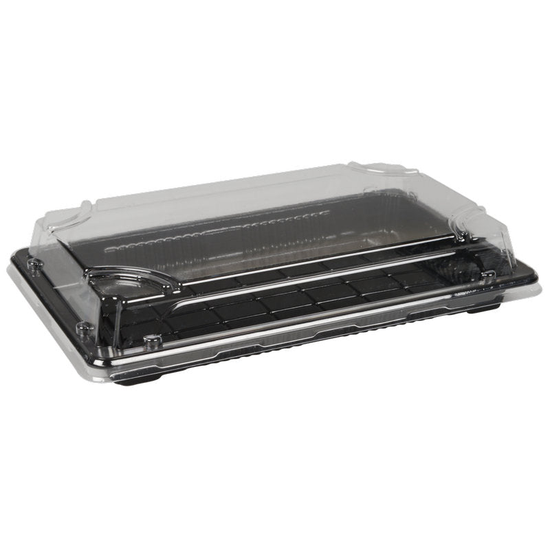 Abena Re-Seller GmbH Sushi-to-go Kombi-Pack on suorakulmainen taitettava astia, jossa on musta pohja ja läpinäkyvä kansi, joka sopii täydellisesti tuoreen sushin tai jälkiruokien esittelyyn ja kuljettamiseen.