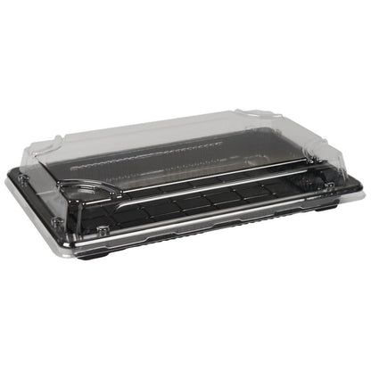 Abena Re-Seller GmbH Sushi-to-go Kombi-Pack on suorakulmainen taitettava astia, jossa on musta pohja ja läpinäkyvä kansi, joka sopii täydellisesti tuoreen sushin tai jälkiruokien esittelyyn ja kuljettamiseen.