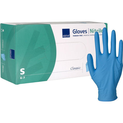 Laatikko Abena Re-Seller GmbH:n nitriilikäsineitä Classic, puuteriton, sininen (koko pieni) on kuvattu sinisen käsineen kanssa oikealla. Vihreä-valko-sininen pakkaus sopii terveydenhuollon laitoksiin.