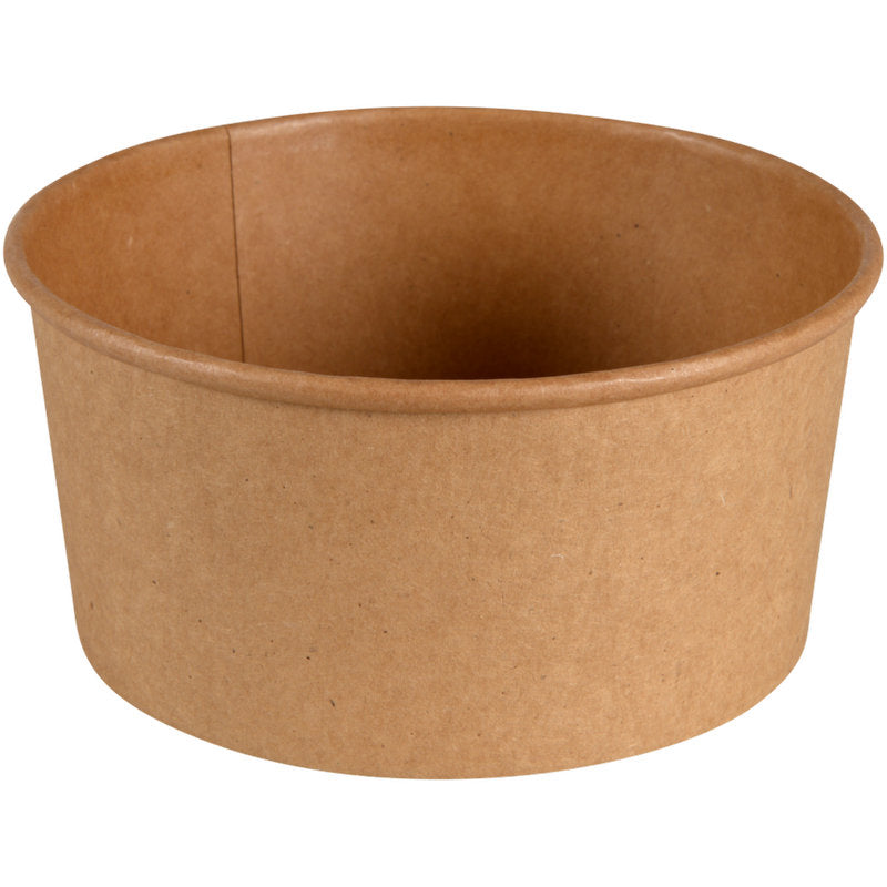 Eine braune Abena Re-Seller GmbH Schale, 730 ml, ø 14,5 cm, aus Kraft/PE mit zylindrischer Form und glatten Seiten, ist leer vor weißem Hintergrund abgebildet. Die Packung enthält 50 Paare.