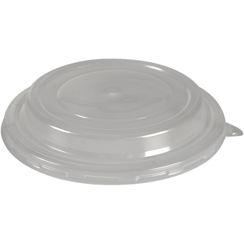 Kuvassa on läpinäkyvä, pyöreä PP-kansi (ø 14,5 cm), jossa on pieni kaarevuus ja pieni läppä Abena Re-Seller GmbH:lta valkoisella taustalla. Tuote: Kansi kulholle, pakkaus (50 kappaletta).
