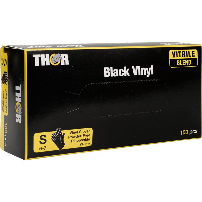 Yksi laatikko Thor Black Vinyl, Vitrile Blend, Puderfrei Abena Re-Seller GmbH:lta, koko S (6-7), sisältää 100 puuteritonta kertakäyttöhanskaa mustassa ja keltaisessa pakkauksessa.