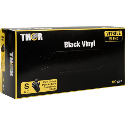 Yksi laatikko Thor Black Vinyl, Vitrile Blend, Puderfrei Abena Re-Seller GmbH:lta, koko S (6-7), sisältää 100 puuteritonta kertakäyttöhanskaa mustassa ja keltaisessa pakkauksessa.