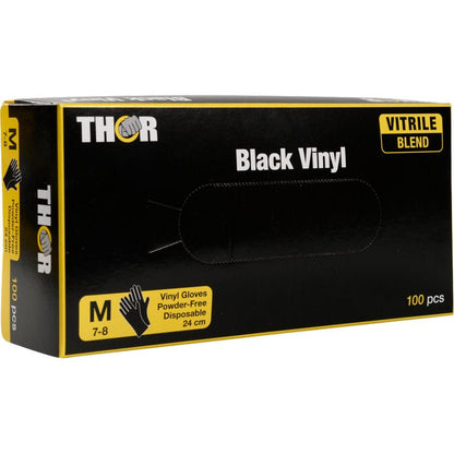 Musta-keltainen laatikko, jossa lukee "Thor Black Vinyl, Vitrile Blend, Puderfrei" Abena Re-Seller GmbH:lta, sisältää 100 keskikokoista, puuteritonta kertakäyttöhanskaa. Pakkaus esittelee vitrilesekoituksen ja sisältää kokotiedot sekä tuotekuvat.