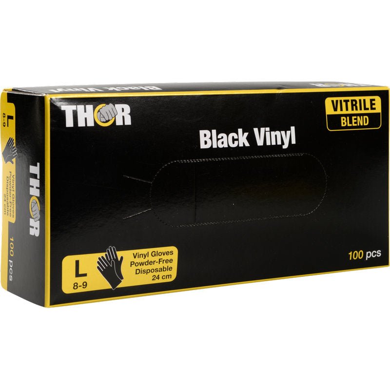 Yksi laatikko Thor Black Vinyl, Vitrile Blend, puuterittomia kertakäyttöhanskoja, koko L (8-9), 100 kappaletta Abena Re-Seller GmbH:lta. Musta laatikko keltaisilla yksityiskohdilla näyttää tärkeimmät hanskatiedot edessä.