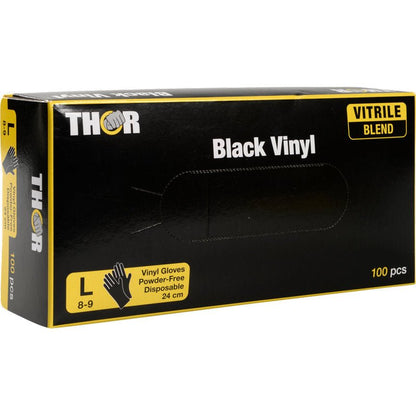 Yksi laatikko Thor Black Vinyl, Vitrile Blend, puuterittomia kertakäyttöhanskoja, koko L (8-9), 100 kappaletta Abena Re-Seller GmbH:lta. Musta laatikko keltaisilla yksityiskohdilla näyttää tärkeimmät hanskatiedot edessä.