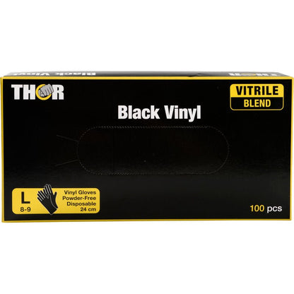 Laatikko, jossa on 100 Abena Re-Seller GmbH Thor Black Vinyl Vitrile Blend kertakäyttöhanskaa, koko large (8-9), puuteriton, 24 cm pitkä. Laatikossa on musta tausta keltaisella ja valkoisella tekstillä.