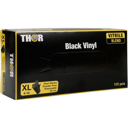 Musta-keltainen laatikko, jossa lukee "Thor Black Vinyl, Vitrile Blend, Puderfrei" Abena Re-Seller GmbH:lta, sisältää 100 XL-kertakäyttöhanskaa kestävällä vitrilesekoituksella ja yksityiskohtaisella brändäyksellä etupuolella.