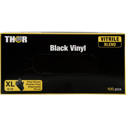 Yksi laatikko Thor Black Vinyl, Vitrile Blend, puuteriton Abena Re-Seller GmbH:lta, koko XL 9-10, sisältää 100 kappaletta (24 cm pitkä) musta-keltaisessa designissa.