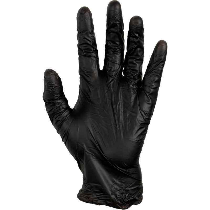 Oikea käsi, joka käyttää Thor Black Vinyl, Vitrile Blend, Puderfrei hanskaa Abena Re-Seller GmbH:lta, esitetään sormet levitettyinä ja eteenpäin suunnattu kämmen yksinkertaista valkoista taustaa vasten.