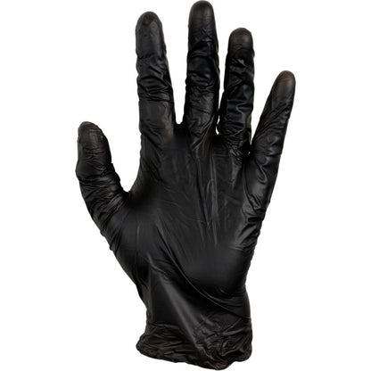 Oikea käsi, joka käyttää Thor Black Vinyl, Vitrile Blend, Puderfrei hanskaa Abena Re-Seller GmbH:lta, esitetään sormet levitettyinä ja eteenpäin suunnattu kämmen yksinkertaista valkoista taustaa vasten.