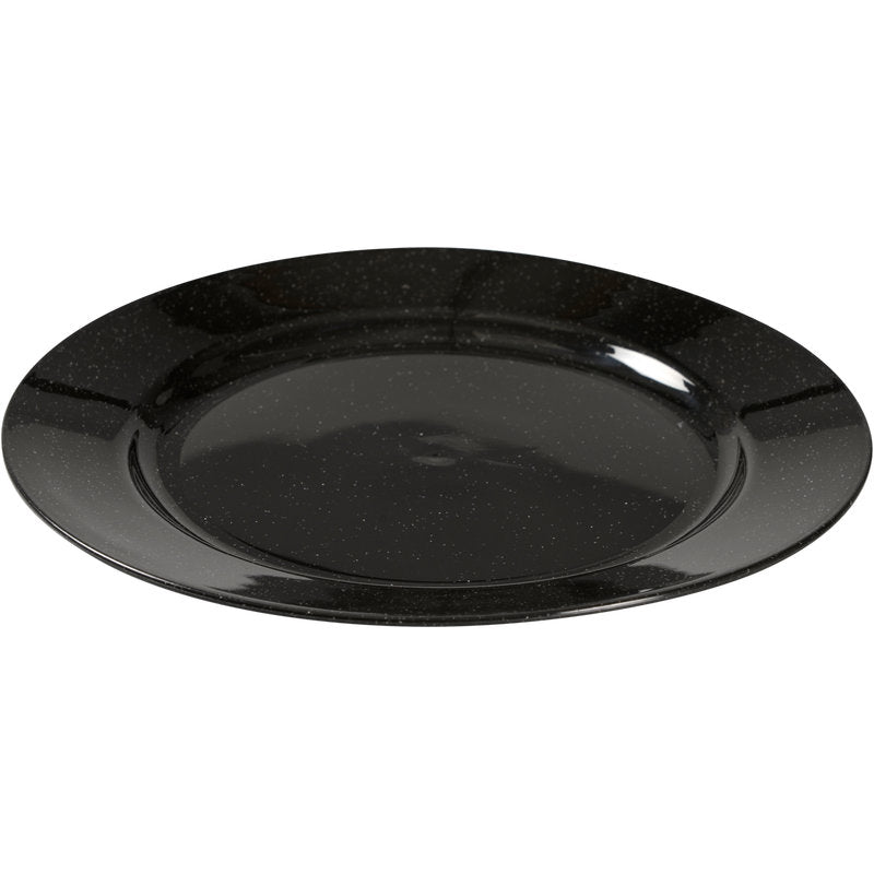 Abena Re-Seller GmbH:n musta uudelleenkäytettävä lautanen erottuu kiiltävällä, mustalla pilkullisella pinnallaan ja pyöreällä muotoilullaan - ympäristöystävällinen vaihtoehto tyylikkääseen kattaukseen, esitettynä valkoisella taustalla.