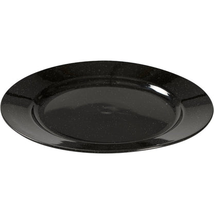 Abena Re-Seller GmbH:n musta uudelleenkäytettävä lautanen erottuu kiiltävällä, mustalla pilkullisella pinnallaan ja pyöreällä muotoilullaan - ympäristöystävällinen vaihtoehto tyylikkääseen kattaukseen, esitettynä valkoisella taustalla.