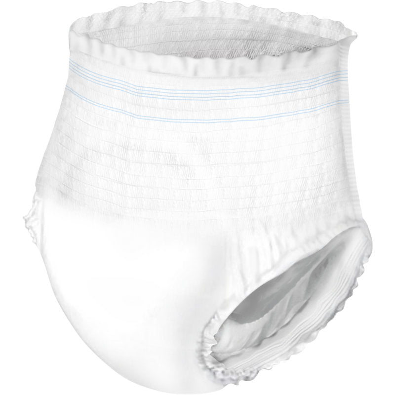 Eine einzelne ABENA Pants XS1, Premium Klimmzughose für Erwachsene von Abena Re-Seller GmbH ist aufrecht abgebildet, mit einem elastischen Bund, Beinöffnungen und blauen Passformlinien - ideal für die diskrete Inkontinenzversorgung; die Packung enthält 24 Paar.