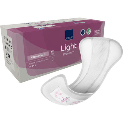 Yksi pakkaus ABENA Light Ultra Mini 0, Premium (24 kappaletta) Abena Re-Seller GmbH:ltä esitetään yhdessä yksittäisen kaarevan siteen kanssa, pakkauksessa on tuotetiedot ja sertifiointisymbolit.