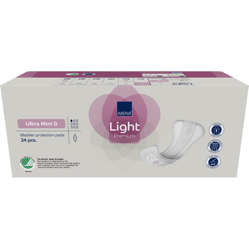 Beigenvärinen laatikko, jossa on violetit yksityiskohdat, sisältää 24 ABENA Light Ultra Mini 0, Premium -sidettä Abena Re-Seller GmbH:ltä, ja siinä on imukyky- ja ihoystävällisyysikonit.