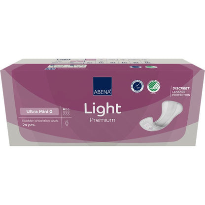 Suorakulmainen ABENA Light Ultra Mini 0, Premium -laatikko Abena Re-Seller GmbH:ltä (24 kappaletta) on varustettu violetilla designilla, tuotekuvalla ja ikoneilla, jotka korostavat huomaamatonta suojaa siteiden käyttäjille.