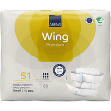 Eine 15er-Packung ABENA Wing Premium by Abena Re-Seller GmbH, Größe Small, kommt in einer überwiegend weißen Verpackung mit gelben Akzenten, die Schutz und Komfort hervorheben, und einem Produktbild auf der Vorderseite.