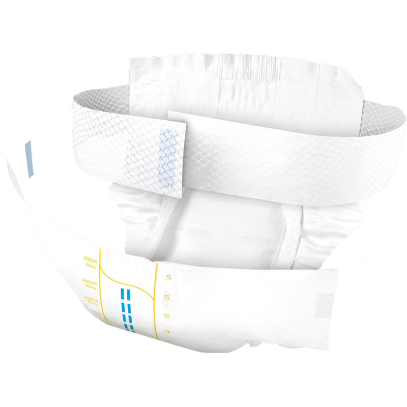 Die ABENA Wing Premium von Abena Re-Seller GmbH ist eine Einwegwindel für Erwachsene mit elastischen Bündchen, Klebelaschen, saugfähiger Füllung und hellblau/gelb bedruckten Linien für Schutz und Komfort.