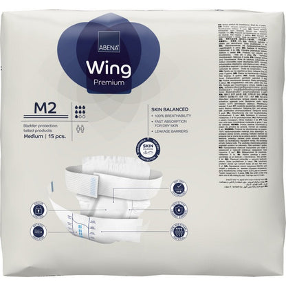 Pakkaus ABENA Wing Premium Abena Re-Seller GmbH:ltä, keskikoko, sisältää 15 vaippaa ja tarjoaa hengittävyyttä, nopeaa imukykyä, vuotosuojia suojaa ja mukavuutta varten.