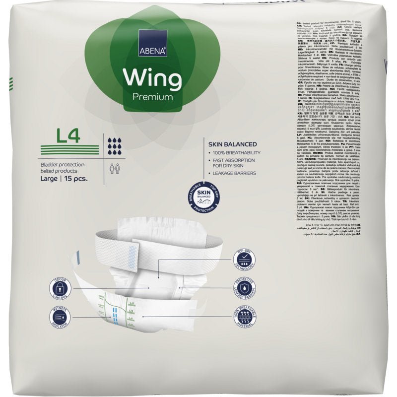 Pakkaus ABENA Wing Premium Abena Re-Seller GmbH:ltä tarjoaa suojaa ja mukavuutta. Enimmäkseen valkoinen pakkaus vihreillä ja sinisillä korostuksilla esittää tuotetietoja, vaippakuvan ja sisältää 15 suurikokoista vaippaa.