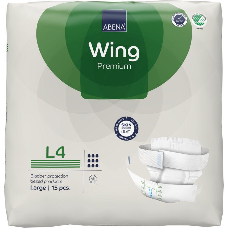 15 kappaleen pakkaus ABENA Wing Premium Abena Re-Seller GmbH:ltä, koko Large, valko-vihreässä pakkauksessa, jossa on tuotekuva, imukykyisyysymbolit ja suojaa ja mukavuutta korostava teksti.