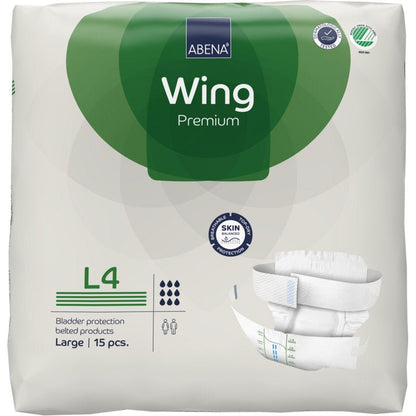 15 kappaleen pakkaus ABENA Wing Premium Abena Re-Seller GmbH:ltä, koko Large, valko-vihreässä pakkauksessa, jossa on tuotekuva, imukykyisyysymbolit ja suojaa ja mukavuutta korostava teksti.