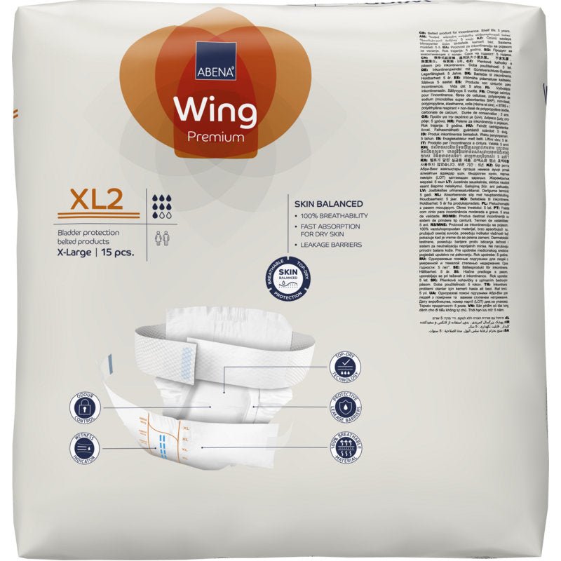 Pakkaus ABENA Wing Premium -aikuisten vaippoja Abena Re-Seller GmbH:lta, koko XL (15 kappaletta), tarjoaa suojaa ja mukavuutta, ihon tasapainoa, nopeaa imukykyä ja vuotosuojaa.